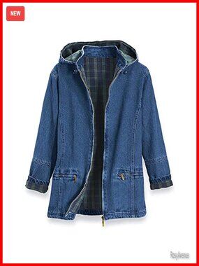 Flannel Lined Denim Jacket with Detachable Hood Zip Front Pockets